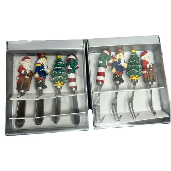 Christmas Cheese Spreader Appetizer Fork Set 8 Santa Tree Nutcracker Candy Cane - Picture 1 of 3